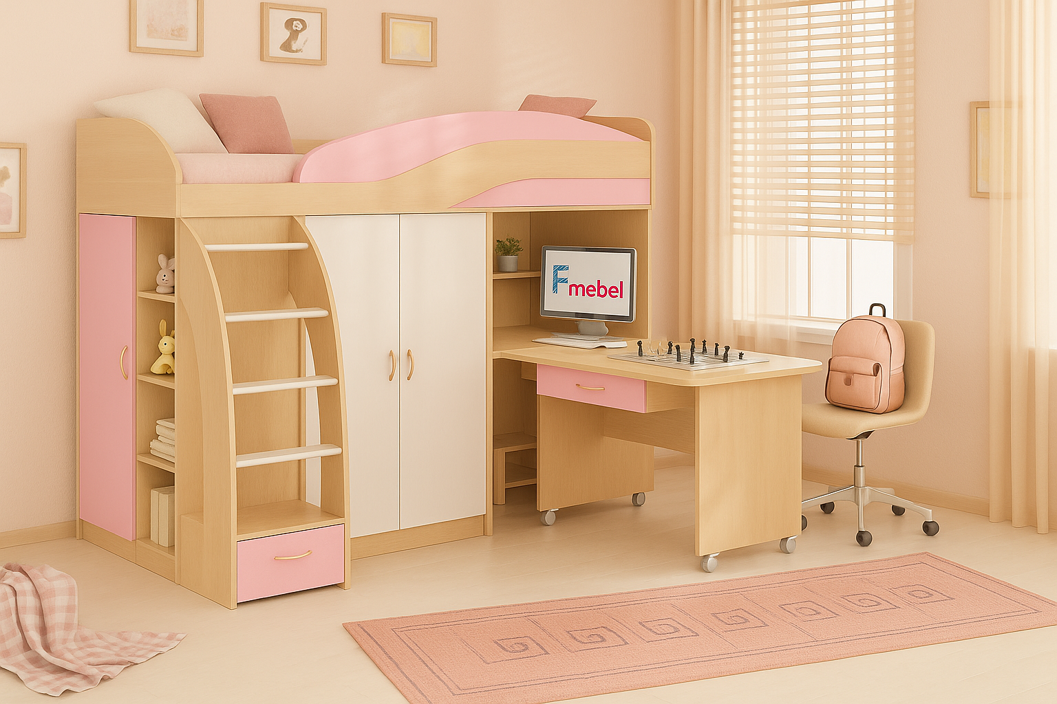 Кровать-чердак со столом Истон Fmebel 80x200