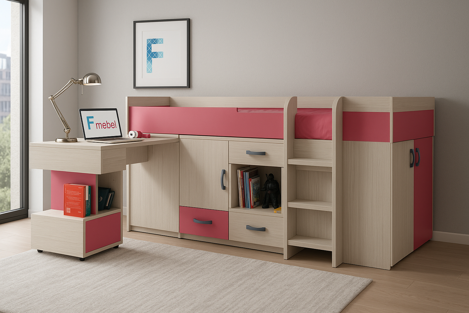 Кровать-чердак со столом Юта Fmebel 80х190