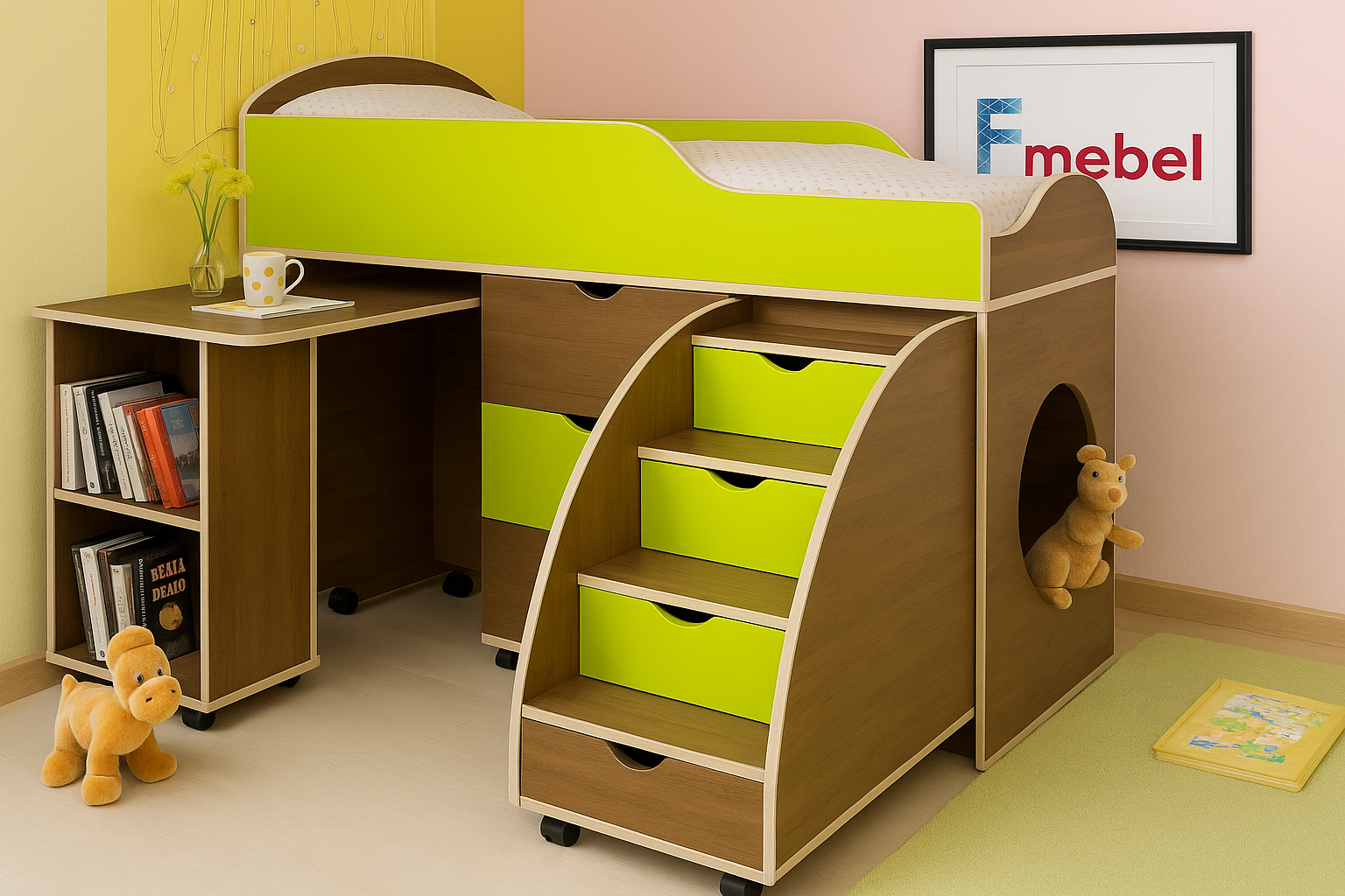 Кровать-чердак со столом Конкорд Fmebel 70x160