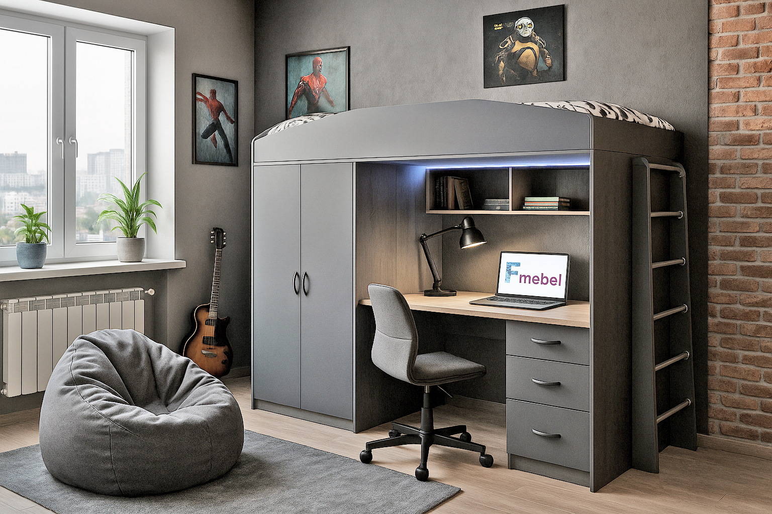 Кровать-чердак со столом Дакар Fmebel 