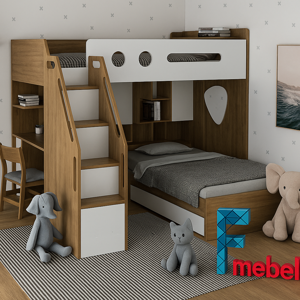 Двухъярусная кровать с полками и столом Шумен Fmebel