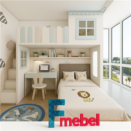 Кровать-домик двухъярусная со столом Арлингтон Fmebel