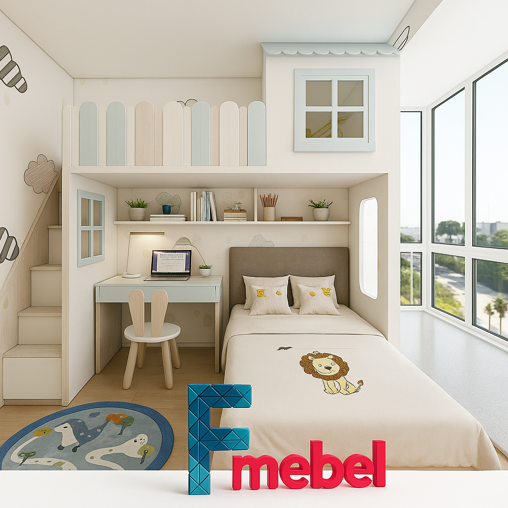 Кровать-домик двухъярусная со столом Арлингтон Fmebel