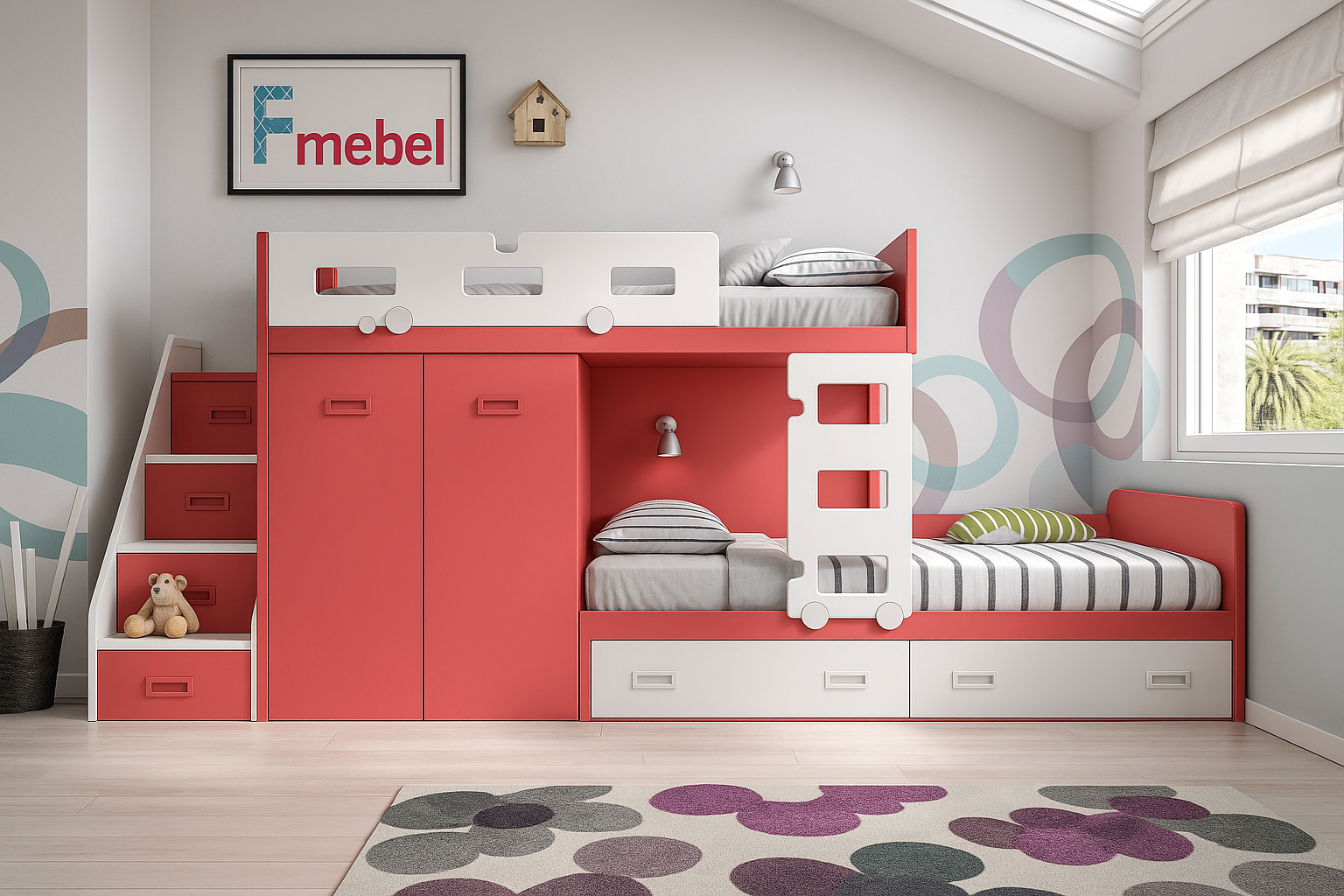 Двухъярусная кровать со шкафом Бернаби Fmebel 90x200