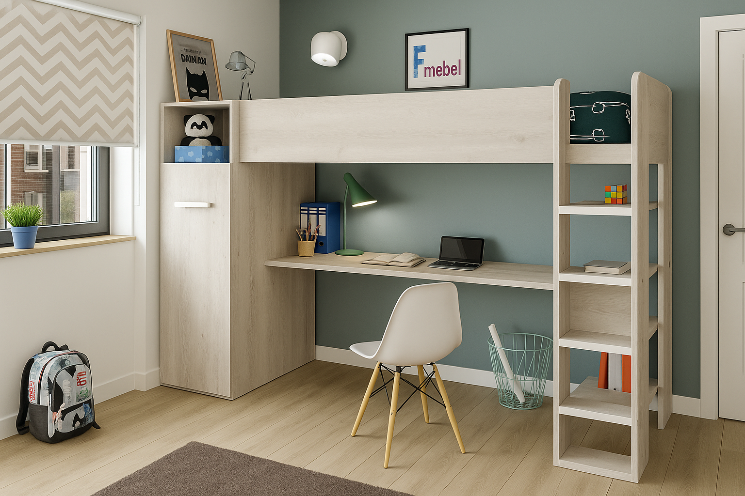 Кровать-чердак со столом и шкафом Лилль Fmebel 90x200