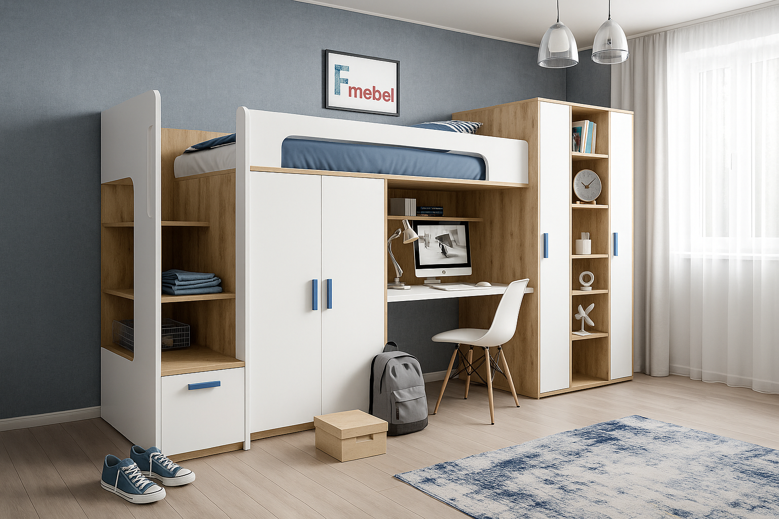 Кровать-чердак со столом Хоккайдо Fmebel 90x200