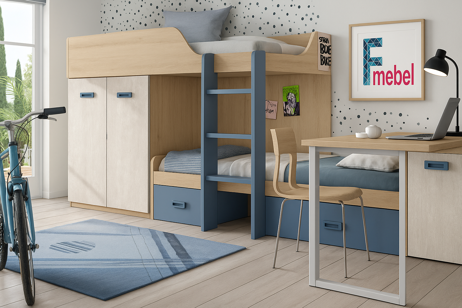Двухъярусная кровать со шкафом и столом Гамильтон Fmebel 90x200
